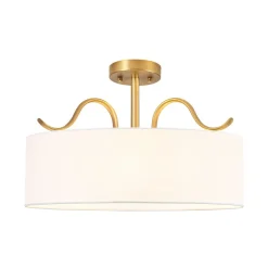 Brass White Fabric Drum Cage Semi Flush Dual Mount Chandelier