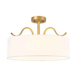 Brass White Fabric Drum Cage Semi Flush Dual Mount Chandelier