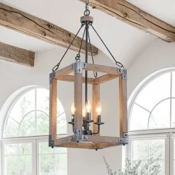 Candle Style Weathered Wooden Square Cage Pendant Light