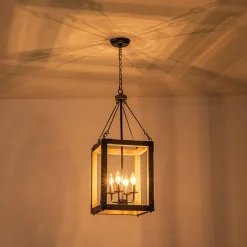Candle Style Weathered Wooden Square Cage Pendant Light