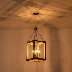 Candle Style Weathered Wooden Square Cage Pendant Light
