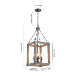 Candle Style Weathered Wooden Square Cage Pendant Light