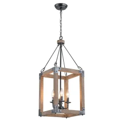Candle Style Weathered Wooden Square Cage Pendant Light
