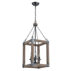 Candle Style Weathered Wooden Square Cage Pendant Light