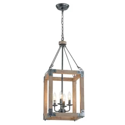 Candle Style Weathered Wooden Square Cage Pendant Light