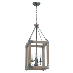 Candle Style Weathered Wooden Square Cage Pendant Light