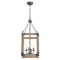 Candle Style Weathered Wooden Square Cage Pendant Light