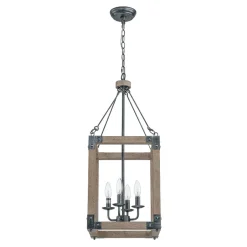 Candle Style Weathered Wooden Square Cage Pendant Light