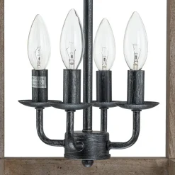 Candle Style Weathered Wooden Square Cage Pendant Light