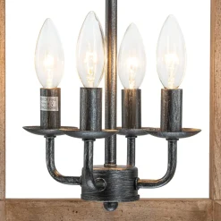 Candle Style Weathered Wooden Square Cage Pendant Light