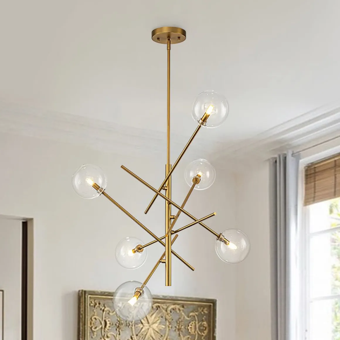 Celestial Glass Globe Sputnik Chandelier - Adjustable Linear Arm