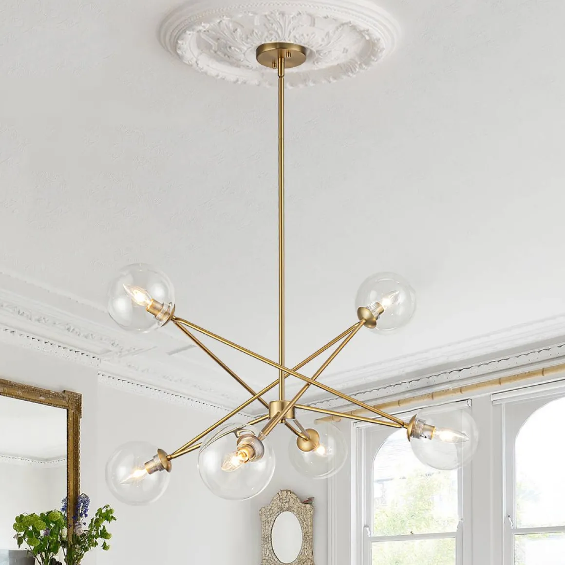 Celestial Glass Globe Staggered Linear Sputnik Chandelier