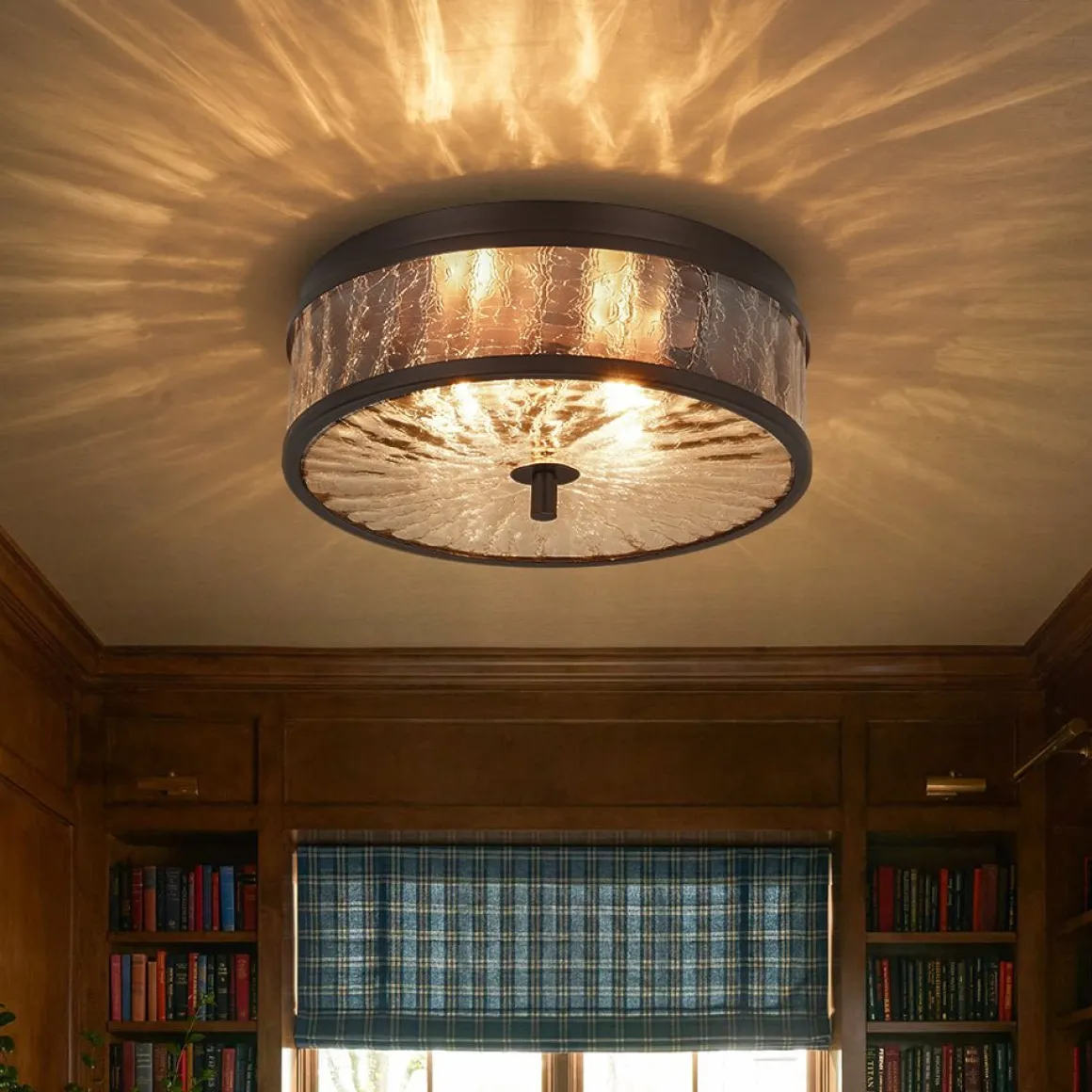 Clear Crackled Glass Drum Flush Mount Light
