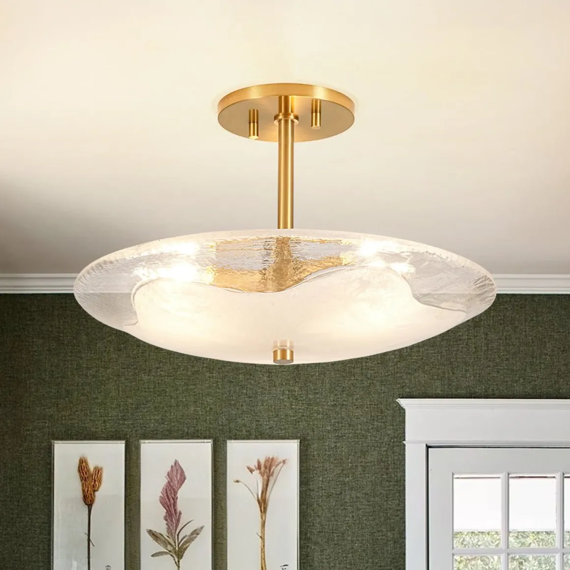 Cloudy Style Textured Glass Shallow Bowl Round Semi Flush Mount