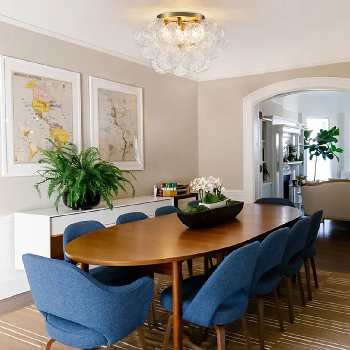Cluster Rippled Glass Bubble Round Semi Flush Chandelier