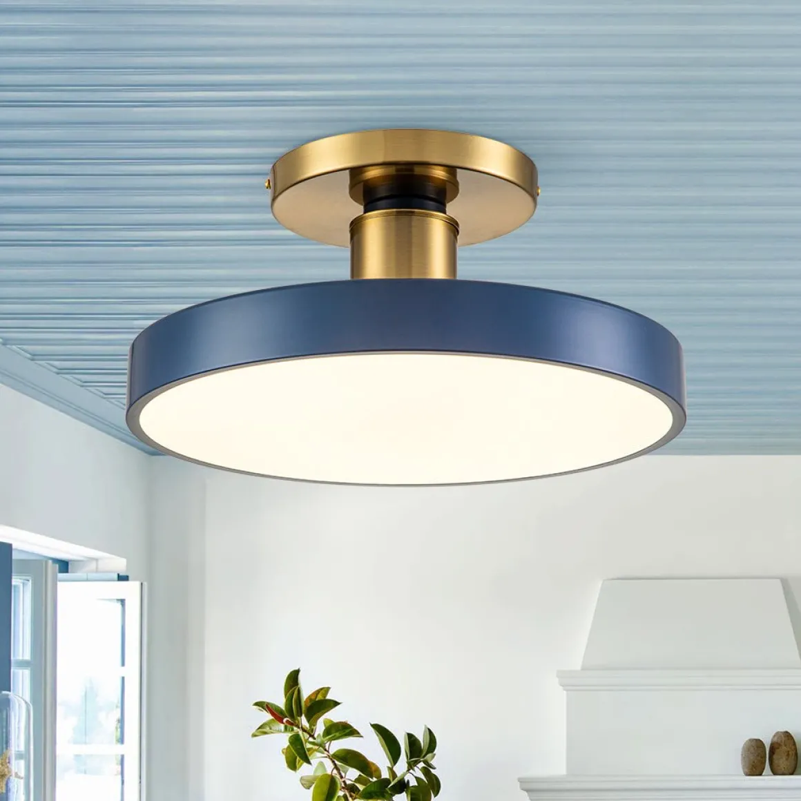 Contemporary Brass Blue Round LED Semi Flush Lighting