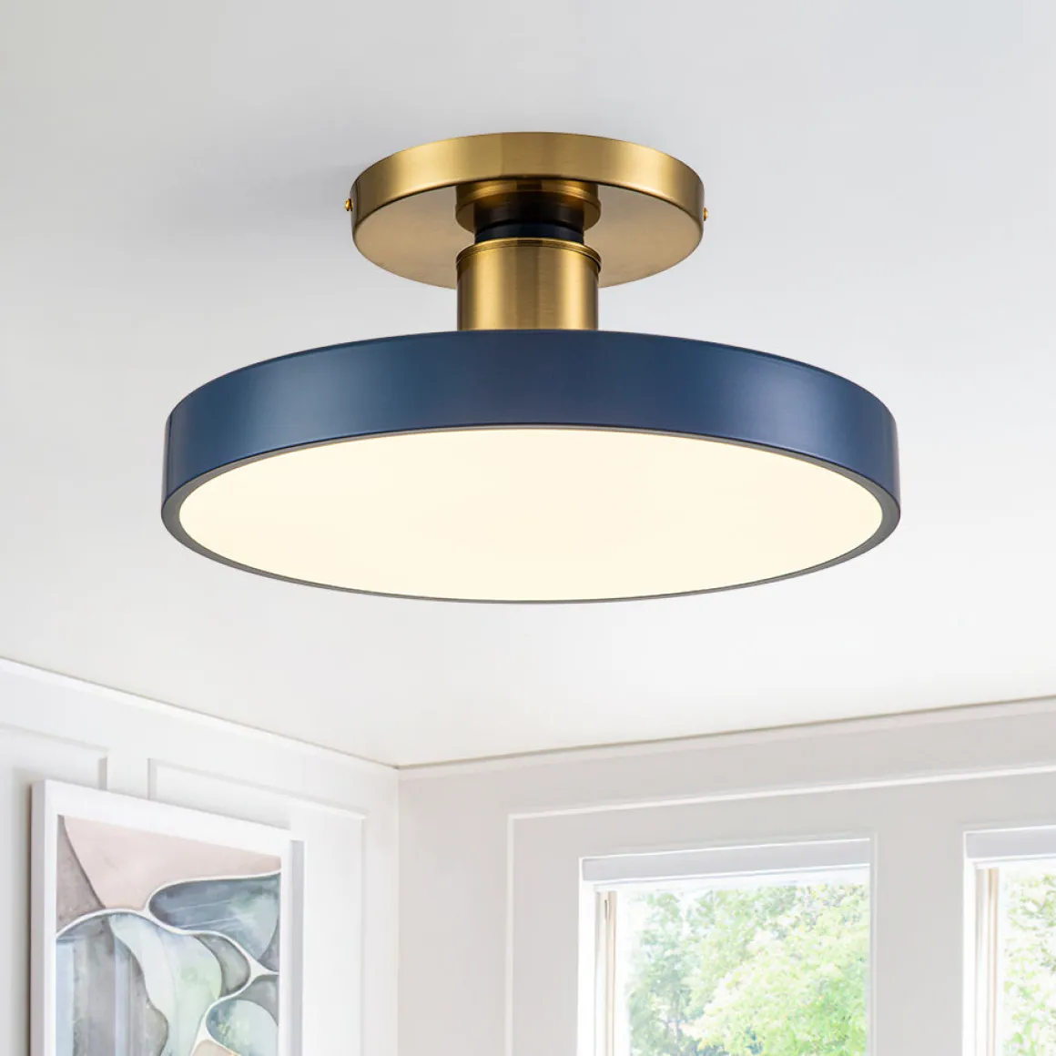 Contemporary Brass Blue Round LED Semi Flush Lighting