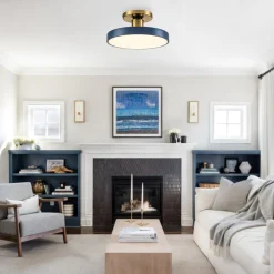 Contemporary Brass Blue Round LED Semi Flush Lighting