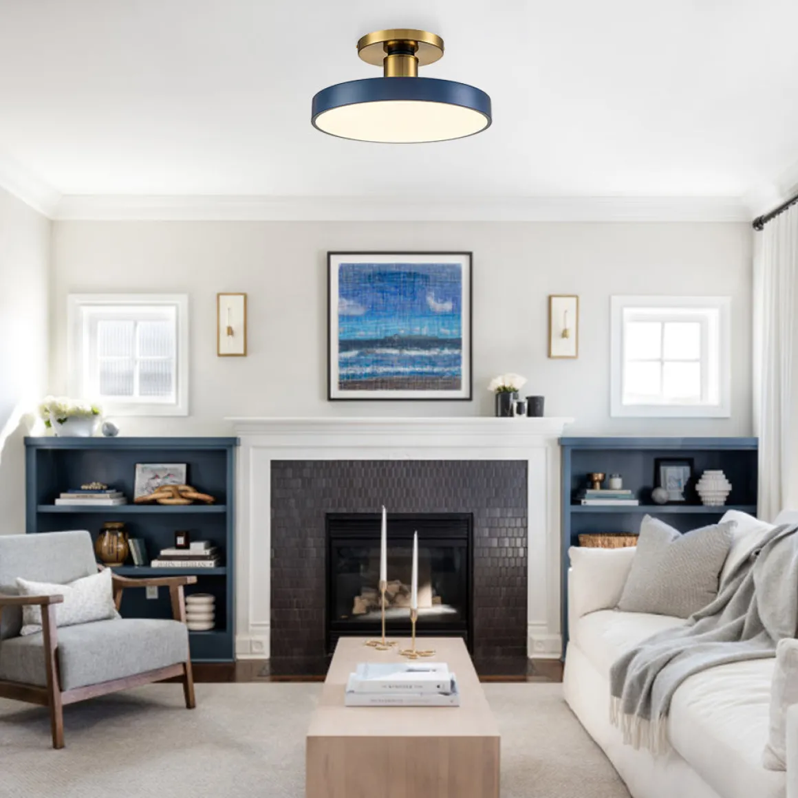 Contemporary Brass Blue Round LED Semi Flush Lighting