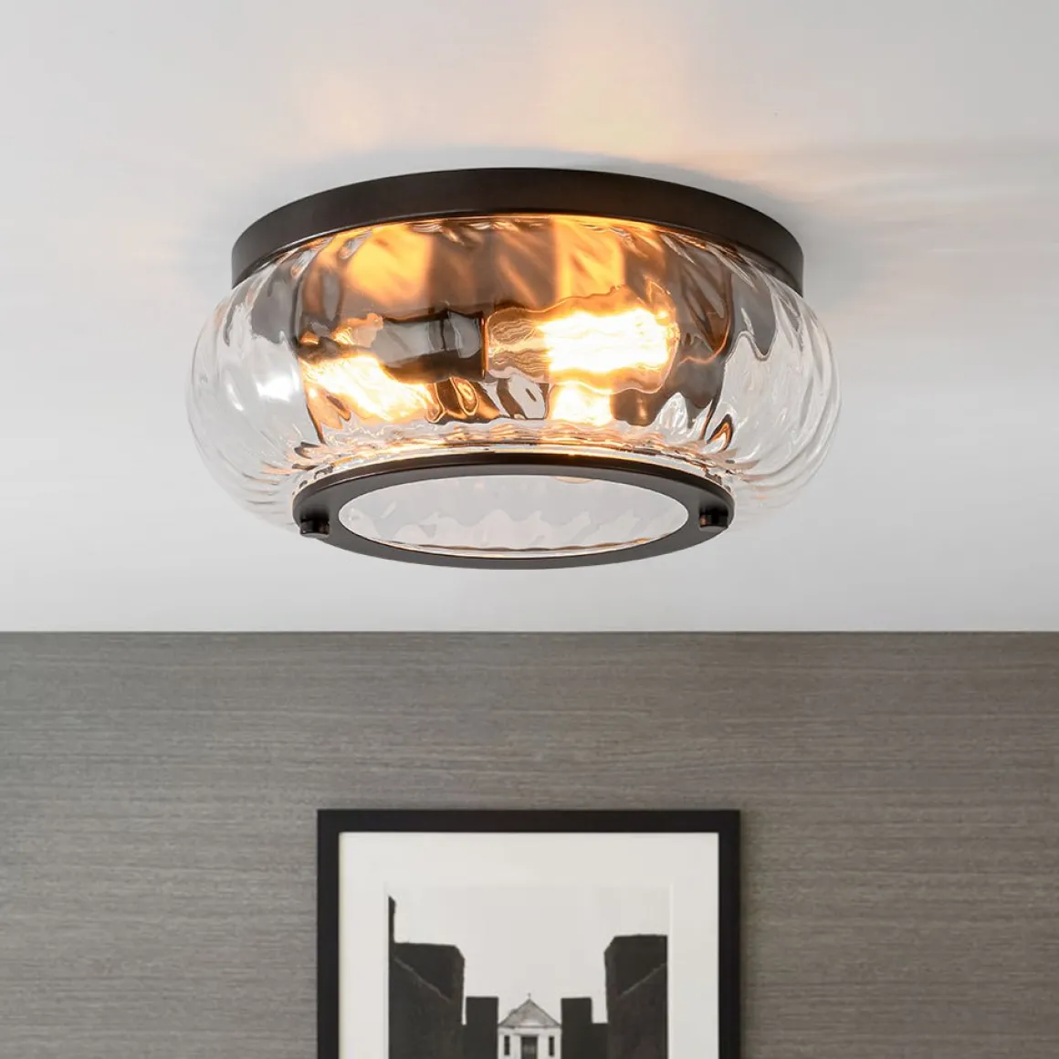 Contemporary Clear Striped Glass Round Flush Mount Light