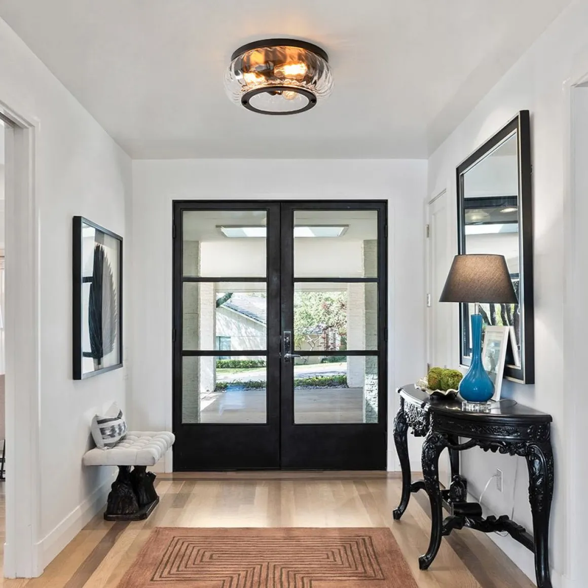 Contemporary Clear Striped Glass Round Flush Mount Light