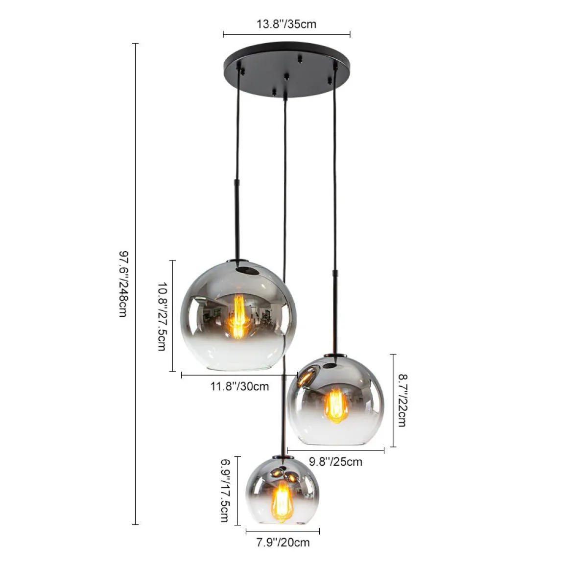 Contemporary Polished Gradual Glass Globe 3-Light Pendant