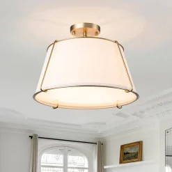 Contemporary Wide Linen Drum Brass Semi Flush Mount