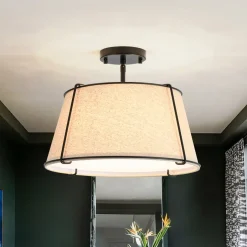 Contemporary Wide Linen Drum Brass Semi Flush Mount