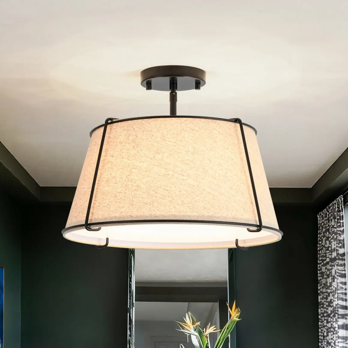 Contemporary Wide Linen Drum Brass Semi Flush Mount