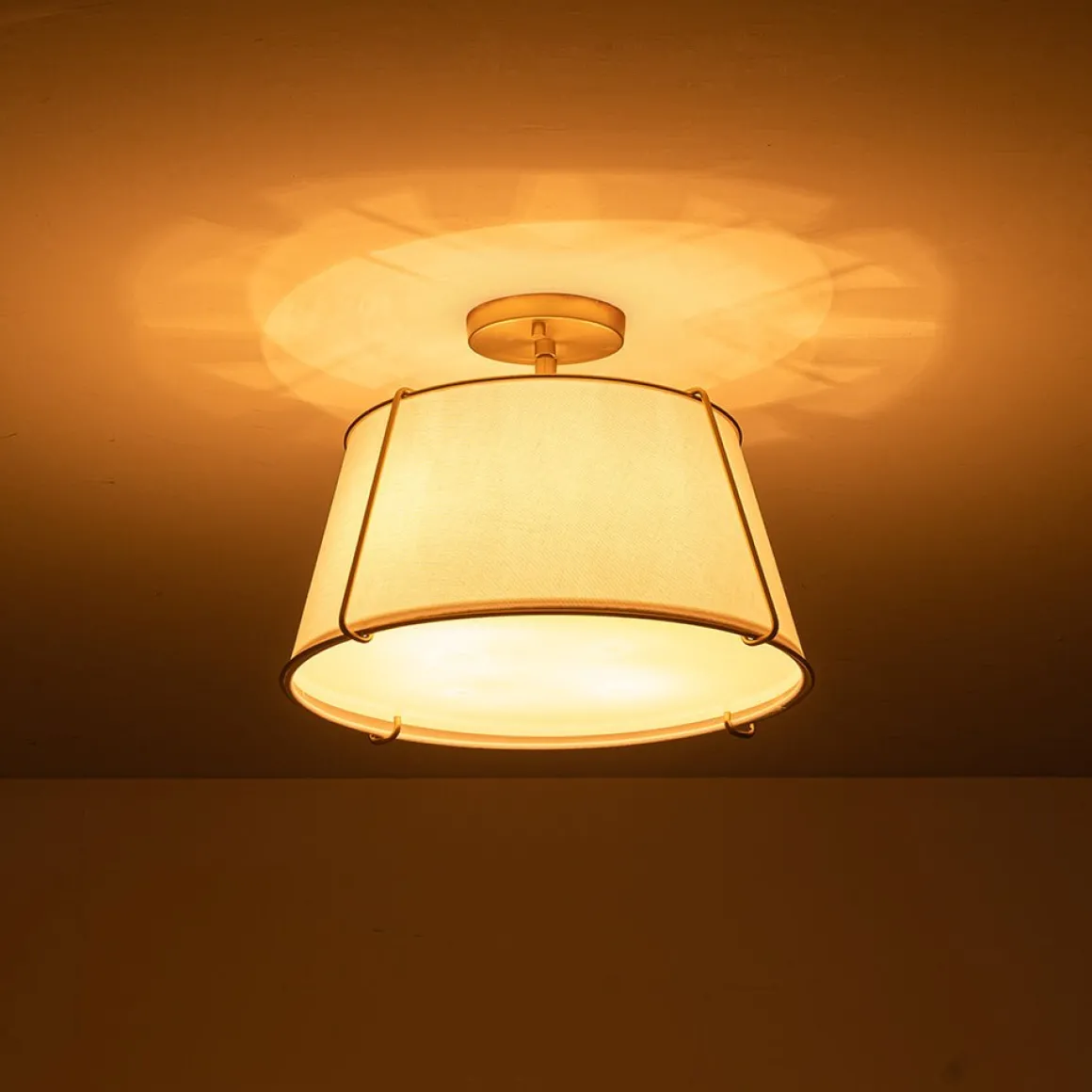 Contemporary Wide Linen Drum Brass Semi Flush Mount