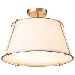 Contemporary Wide Linen Drum Brass Semi Flush Mount