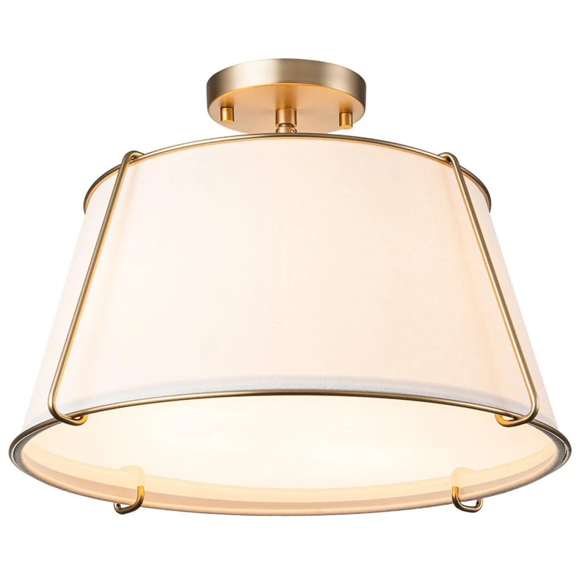 Contemporary Wide Linen Drum Brass Semi Flush Mount