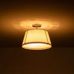 Contemporary Wide Linen Drum Brass Semi Flush Mount
