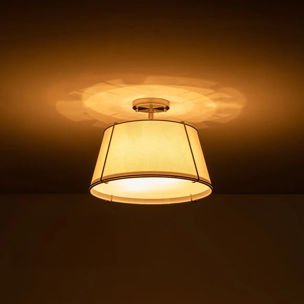 Contemporary Wide Linen Drum Brass Semi Flush Mount