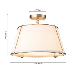 Contemporary Wide Linen Drum Brass Semi Flush Mount