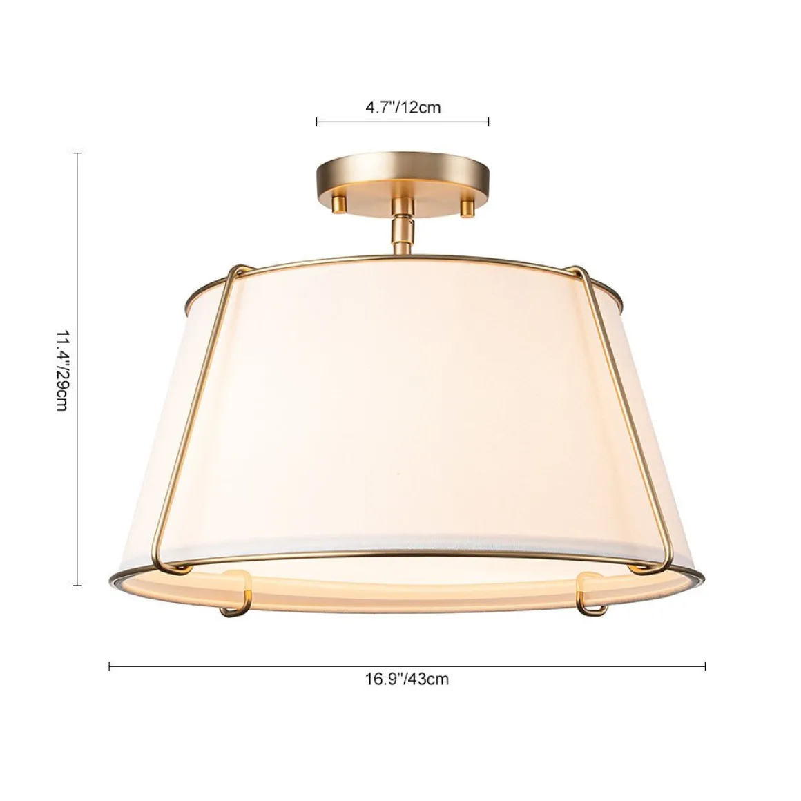 Contemporary Wide Linen Drum Brass Semi Flush Mount