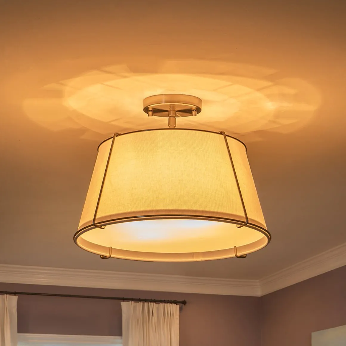 Contemporary Wide Linen Drum Brass Semi Flush Mount