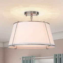 Contemporary Wide Linen Drum Brass Semi Flush Mount