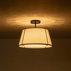 Contemporary Wide Linen Drum Brass Semi Flush Mount