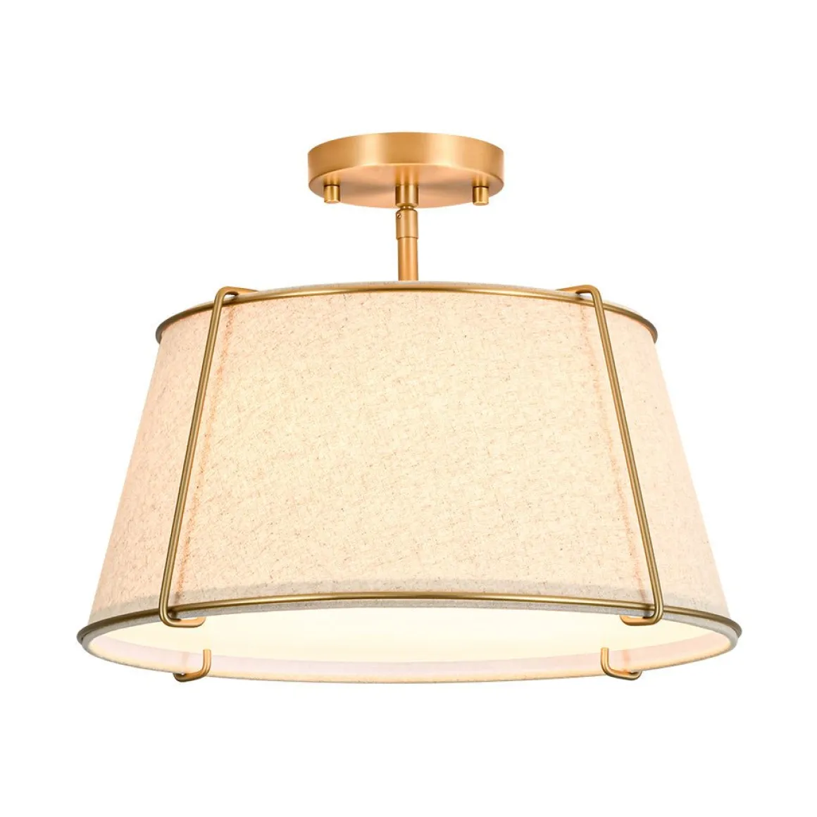Contemporary Wide Linen Drum Brass Semi Flush Mount