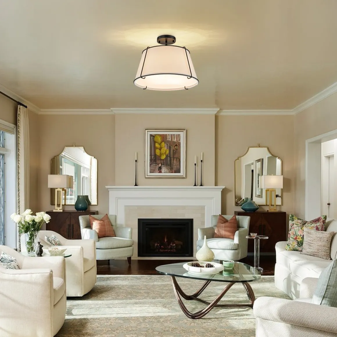Contemporary Wide Linen Drum Brass Semi Flush Mount
