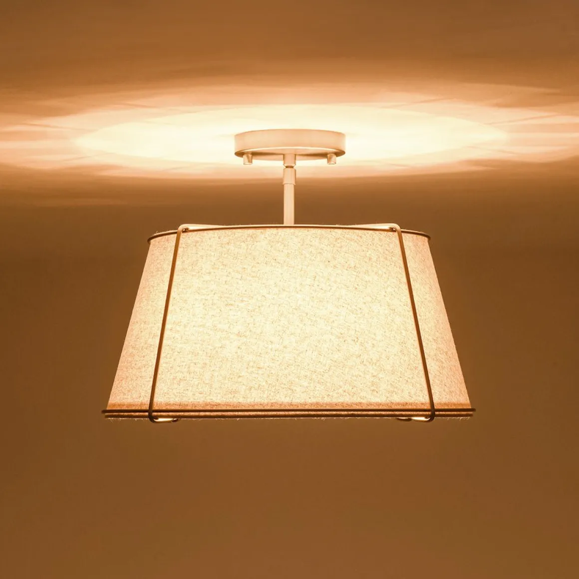 Contemporary Wide Linen Drum Brass Semi Flush Mount