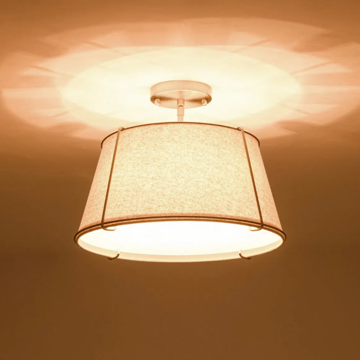 Contemporary Wide Linen Drum Brass Semi Flush Mount