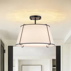 Contemporary Wide Linen Drum Brass Semi Flush Mount