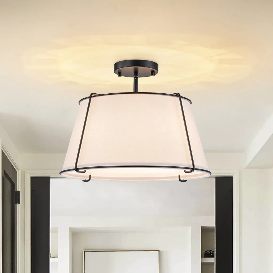 Contemporary Wide Linen Drum Brass Semi Flush Mount