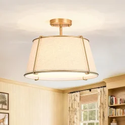 Contemporary Wide Linen Drum Brass Semi Flush Mount