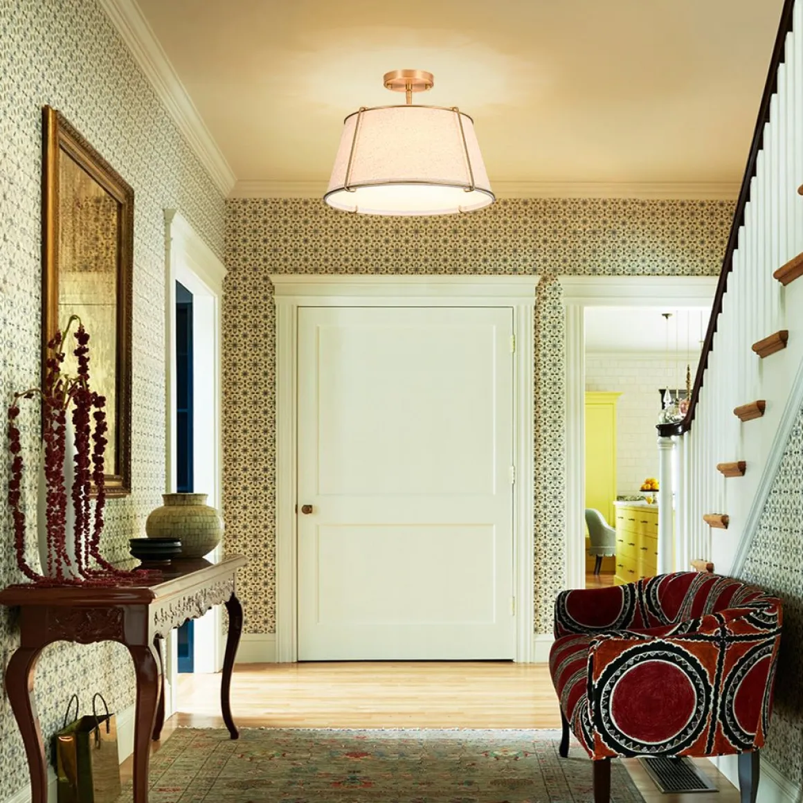 Contemporary Wide Linen Drum Brass Semi Flush Mount