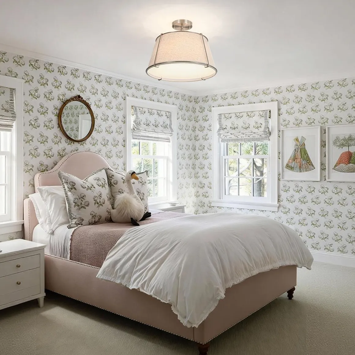 Contemporary Wide Linen Drum Brass Semi Flush Mount