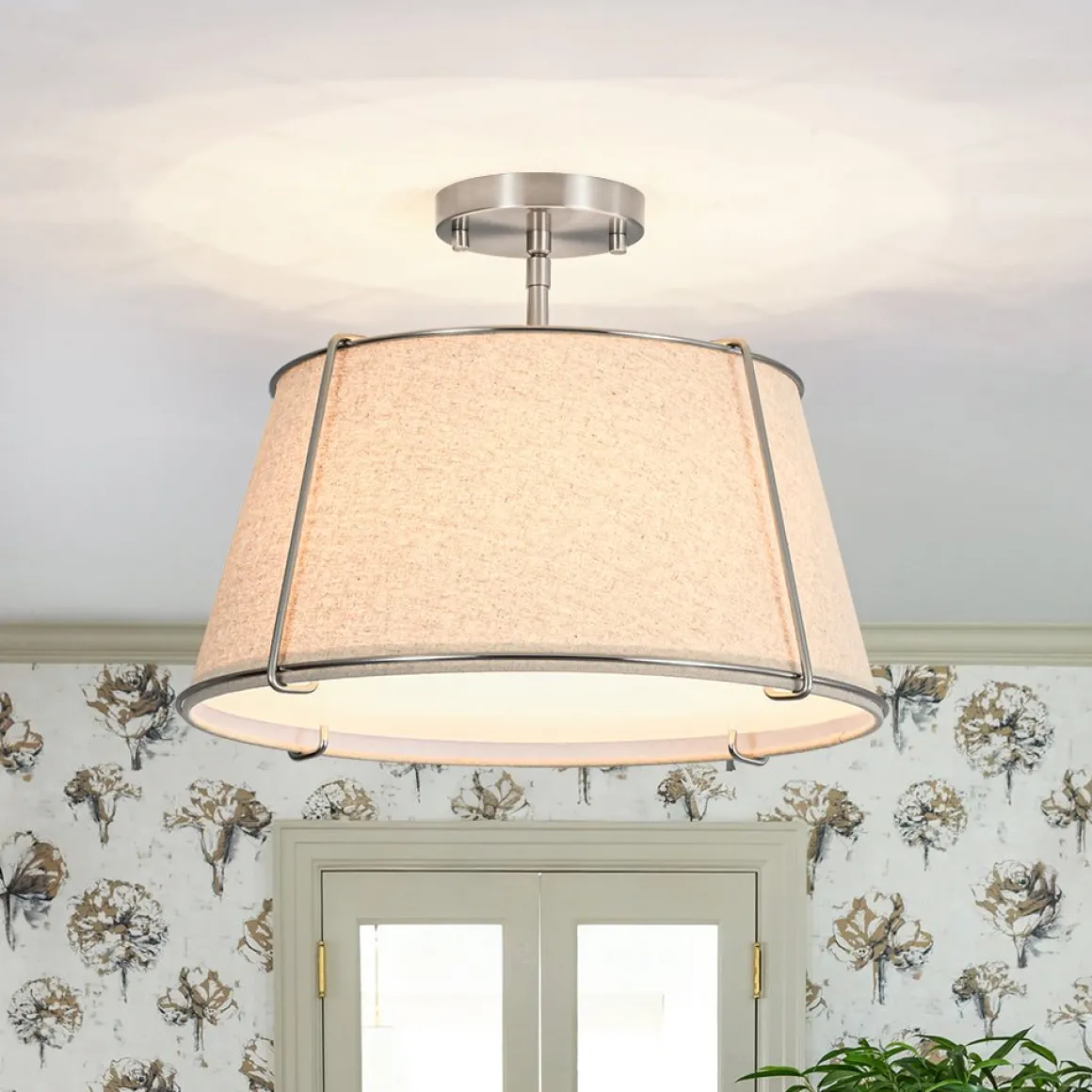Contemporary Wide Linen Drum Brass Semi Flush Mount