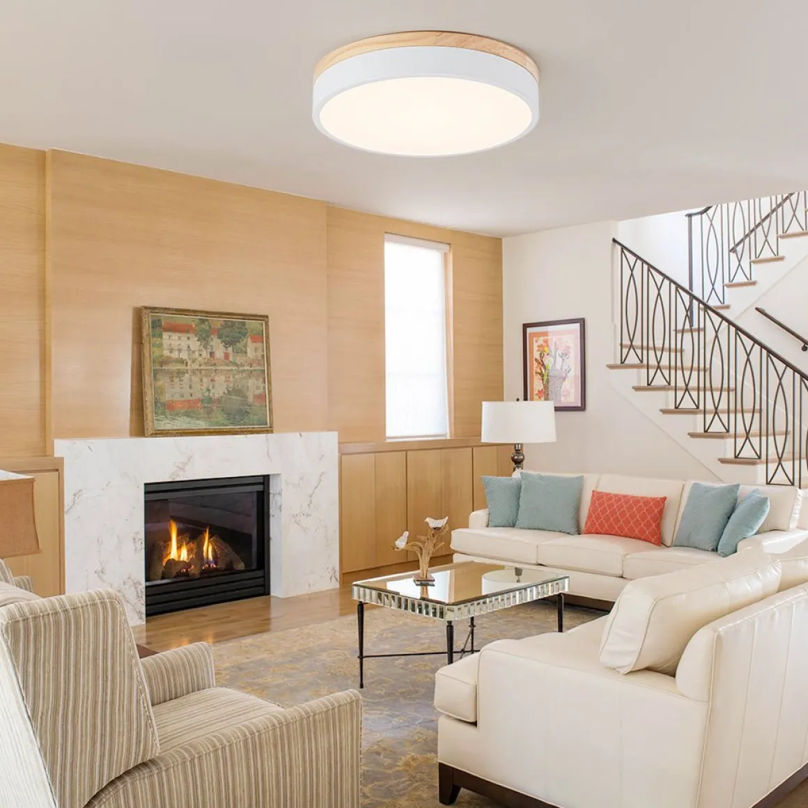 Contemporary Wood Round Dimmable LED Ceiling Light